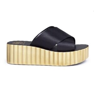 Tory Burch Eva Sole Sandals Black Gold Scallop Wedge Slip On Platform Size 10